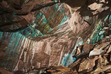 Abstract texture of the oxidated copper on the walls of the underground copper mine in Roros,...