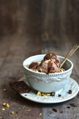 Chocolate ice cream  with walnut in a vintage bowl.