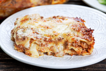 Baked italian home made lasagna on a plate