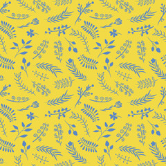 Floral ornate doodle seamless pattern in yellow and blue. Vector illustration. For backgrounds, wallpapers, wrapping paper, textile.