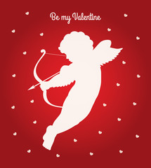 Vector Valentines day bicolour greeting card. White silhouette of a cupid shooting arrow and white hearts pattern on a red gradient background. Text "Be my Valentine" written in a script font.