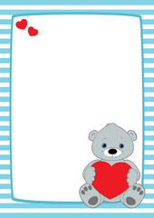 Vector frame with light blue and white stripes. Grey teddy bear sitting in the lower right corner, holding red heart. Place for text on a white background. Vertical format A3/A4, simple composition.