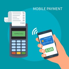 Mobile payments with smartphone. Payment terminal concept. Online transactions, paypass and NFC. Cartoon flat style vector illustration