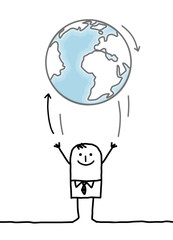 cartoon businessman throwing up the Earth 