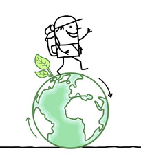 cartoon man walking around the Earth