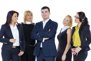 Businesspeople standing in a row against white background