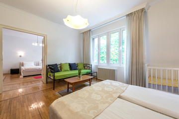 Interior of comfortable hostel room