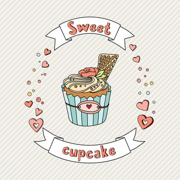 Sweet vector cupcake on delicate background. Cupcake collection