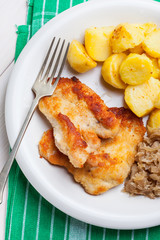 Fried chicken breast fillet on a white plate.
