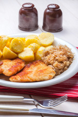 Fried chicken breast fillet on a white plate.