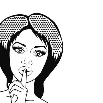 Pop art retro woman putting her forefinger on lips for quiet silence, outlined isolated on white. Cute girl showing Shh sign, comics style vector illustration.