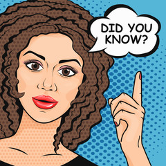 Pop Art woman asking question Did You Know? Retro Wise woman thinking in comic style. Teaching and explaining concept vector illustration.