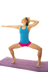 Fototapeta premium woman blue tank and pink shorts fitness squat on toes look side