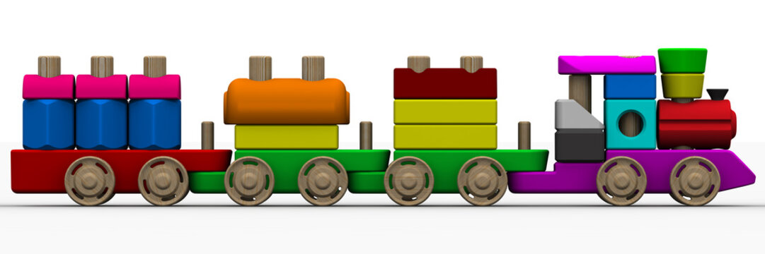 Colorful wooden toy train on a white surface. Isolated