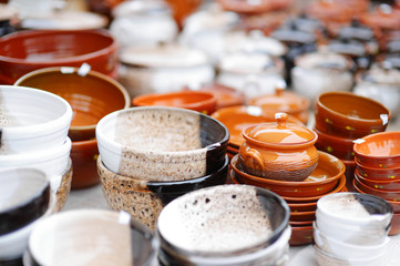 Ceramic dishes, tableware and jugs sold on Easter market in Vilnius