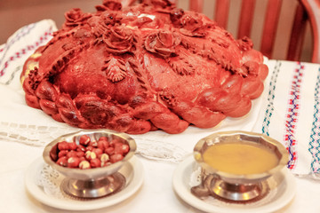 Traditional Russian pie on the table.
