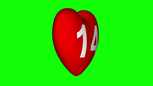 Valentines day background. Rotating red heart with the number 14 on a green screen. Seamless looping video.