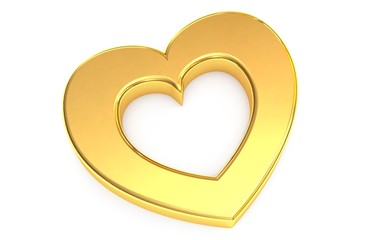 Golden heart with convex edges on a white background. Render.