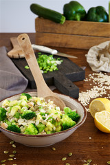 Salad with pearl barley, chicken and vegetables