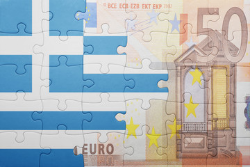 puzzle with the national flag of greece and euro banknote