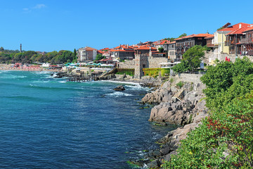 Naklejka na ściany i meble View of Old Town of Sozopol with Southern Fortress Wall and Tower, Bulgaria