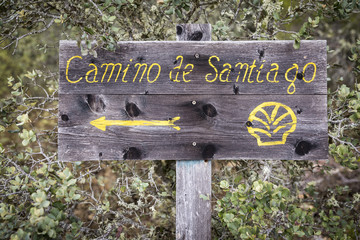 Camino de Santiago, Way of Saint James signpost with a yellow arrow and the shell