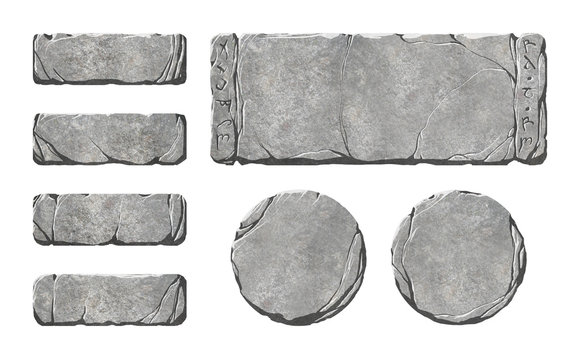 Set of realistic stone buttons and panels, with runes on them.