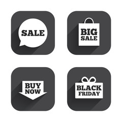 Sale speech bubble icons. Buy now arrow symbol