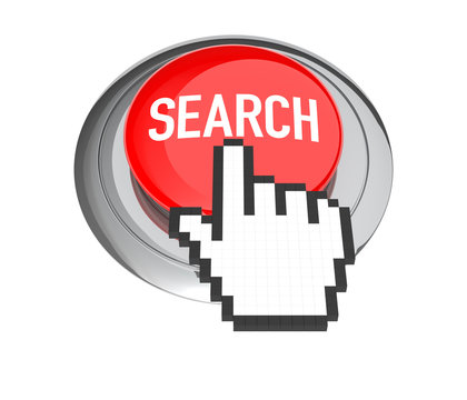 Mouse Hand Cursor on Red Search Button. 3D Illustration.