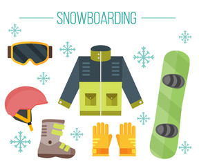  Snowboard equipment: jacket, boots, helmet, goggles, gloves, de