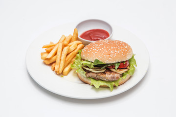 dish with ries and burger