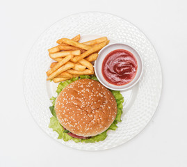 dish with ries and burger