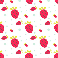 Strawberry pink seamless vector pattern with mint dots and circles.