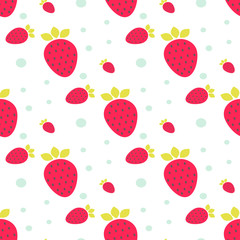 Strawberry pink seamless vector pattern with mint dots and circles.