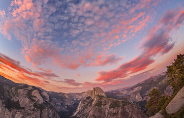 Fisheye lens photo of sunset above Half Dome, Yosemite National Park.