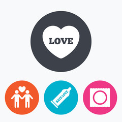 Condom safe sex icons. Lovers Gay couple sign.