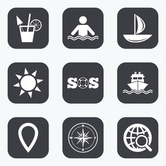 Cruise trip, ship and yacht icons. Travel signs.