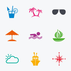Cruise trip, ship and yacht icons. Travel signs.