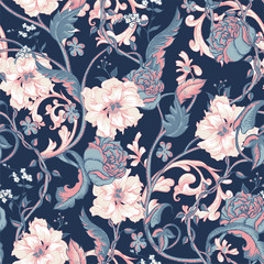Obraz premium Vintage seamless pattern with blooming magnolias, roses and twig