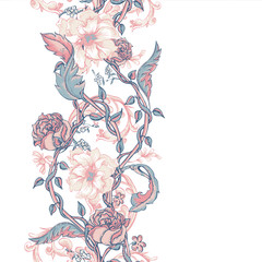 Fototapeta premium Vintage seamless border with blooming magnolias, roses and twigs