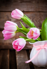 Fresh spring pink tulips with hearts