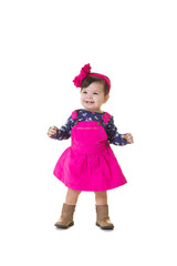 A portrait of a toddler learning to walk isolated on white