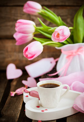 Coffee, hearts and tulips