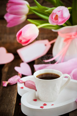 Coffee, hearts and tulips