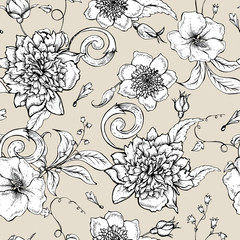Monochrome seamless pattern with blooming peony