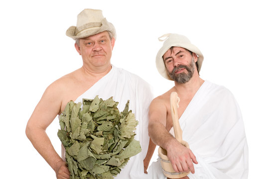 Men in a traditional attire of Russian bath. From a series of Russian bath.