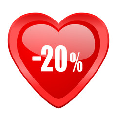 20 percent sale retail red heart valentine glossy web icon