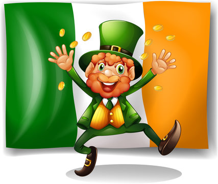 Leprechaun with golden coins by the flag