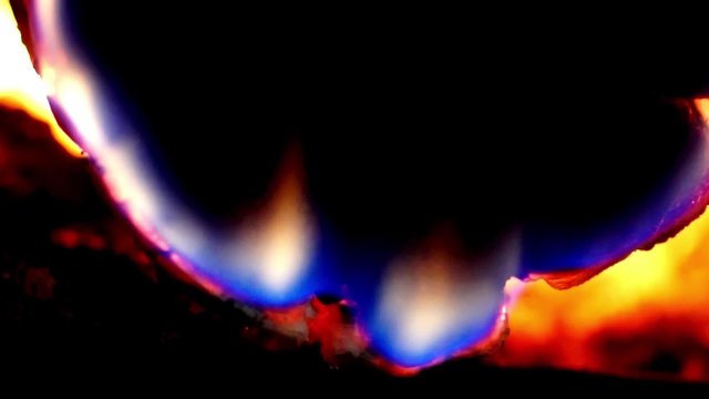 Close up of log burning with blue flames