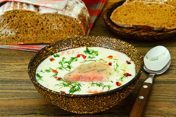 Finnish Creamy Soup with Salmon, Leeks, Salmon, Olive Oil, Cream